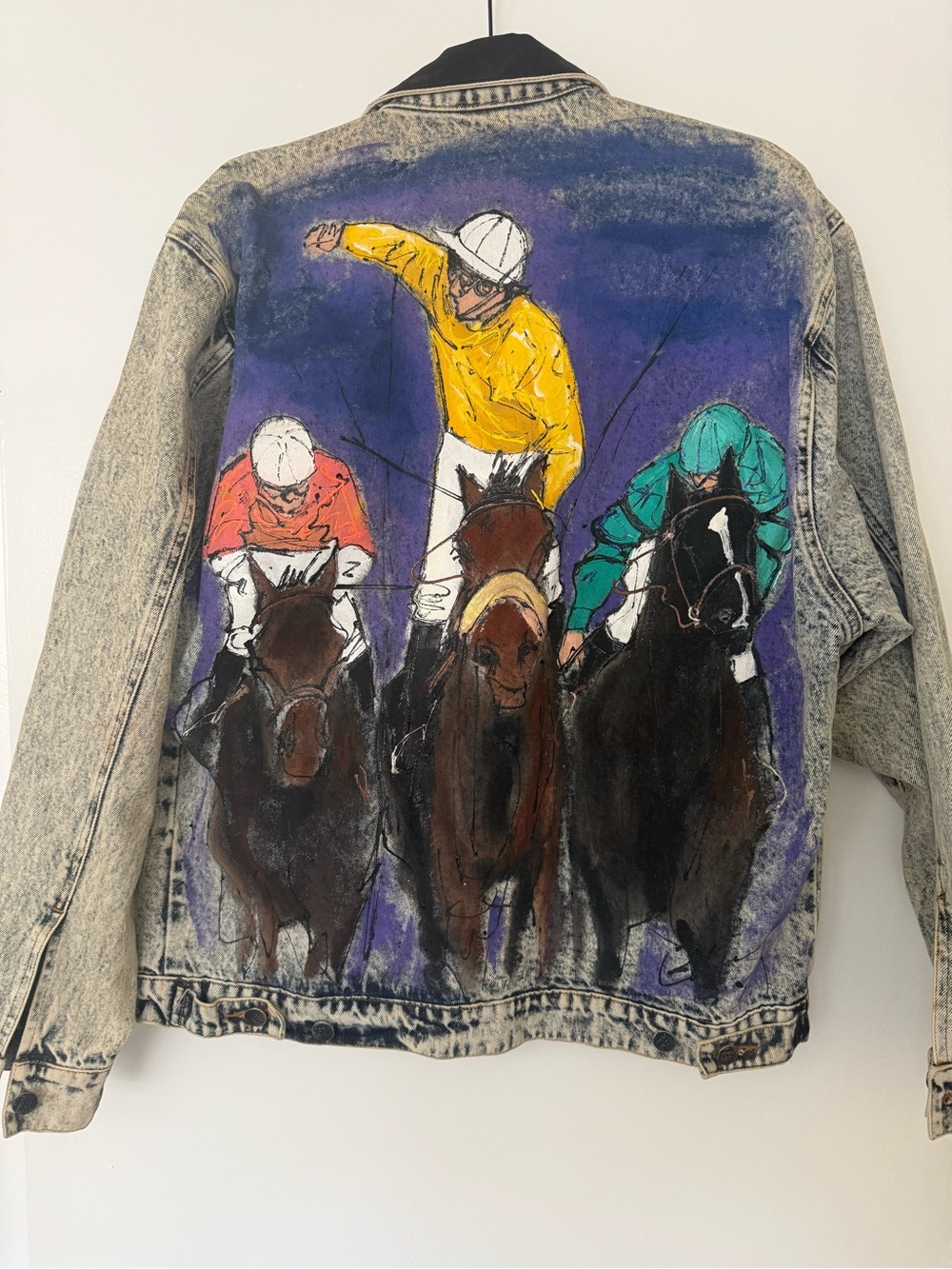 Sport Deco Jacket Vintage Painted Denim Jacket Horse Racing Jockeys Size Small